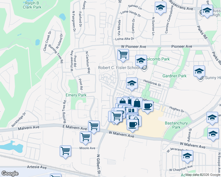 map of restaurants, bars, coffee shops, grocery stores, and more near 1130 Whitewater Drive in Fullerton