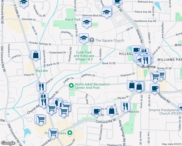 map of restaurants, bars, coffee shops, grocery stores, and more near 605 Madison Lane South East in Smyrna