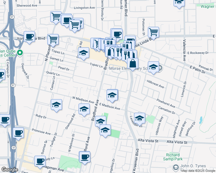 map of restaurants, bars, coffee shops, grocery stores, and more near 1112 Bradford Avenue in Placentia