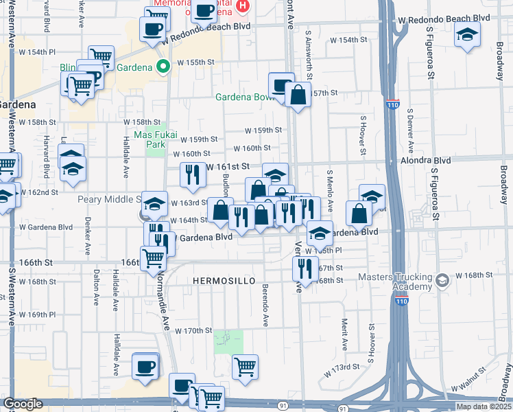 map of restaurants, bars, coffee shops, grocery stores, and more near 1110 West 163rd Street in Gardena