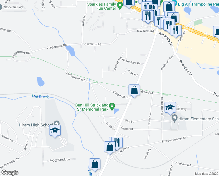 map of restaurants, bars, coffee shops, grocery stores, and more near 208 Fitzgerald Street in Hiram
