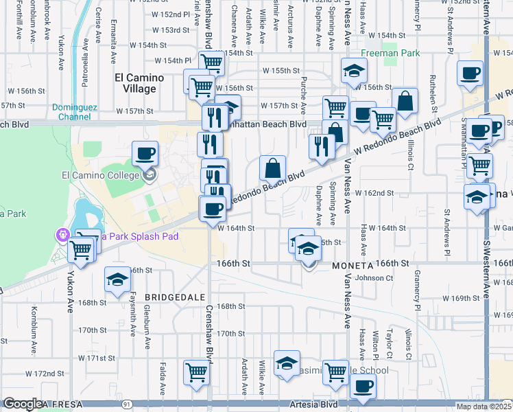 map of restaurants, bars, coffee shops, grocery stores, and more near 16222 Ardath Avenue in Torrance