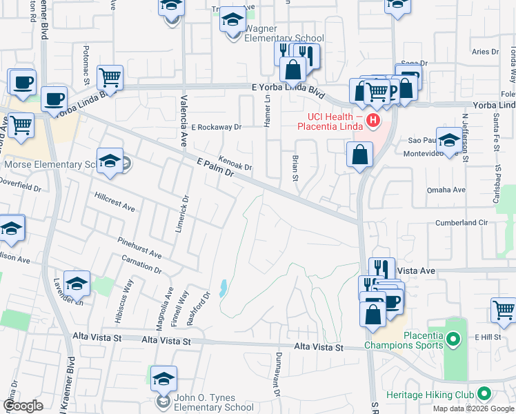 map of restaurants, bars, coffee shops, grocery stores, and more near 1299 Holt Drive in Placentia