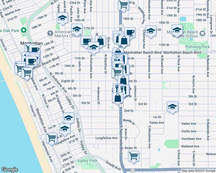 map of restaurants, bars, coffee shops, grocery stores, and more near 714 North Dianthus Street in Manhattan Beach