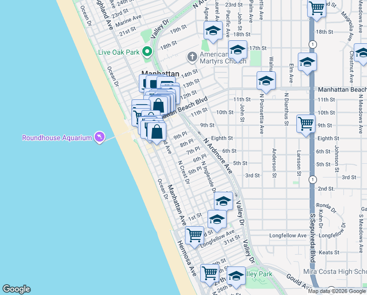 map of restaurants, bars, coffee shops, grocery stores, and more near 401 Eighth Street in Manhattan Beach