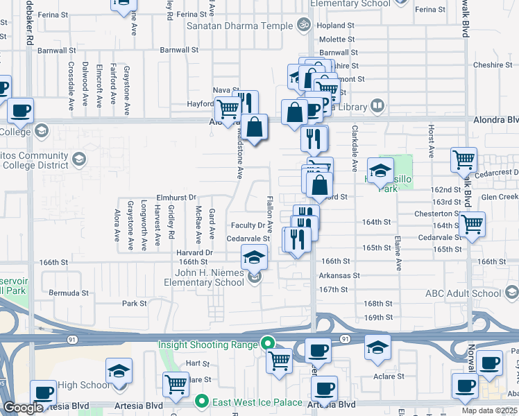 map of restaurants, bars, coffee shops, grocery stores, and more near 11661 Chesterton Street in Norwalk