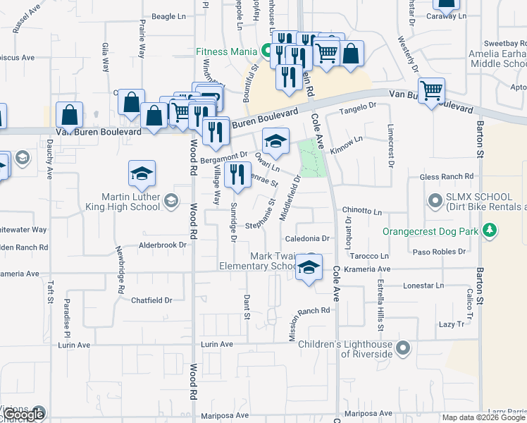 map of restaurants, bars, coffee shops, grocery stores, and more near 9235 Stephanie Street in Riverside