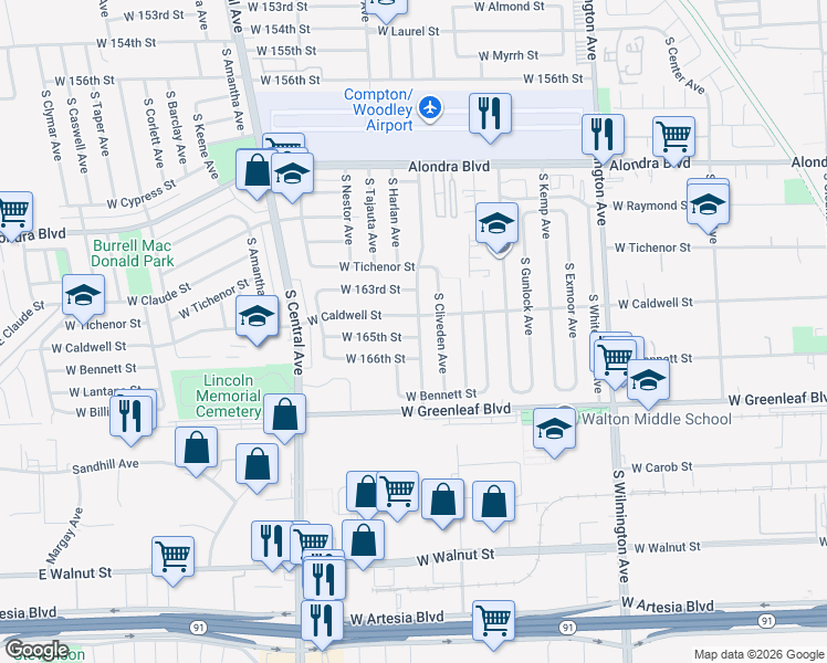 map of restaurants, bars, coffee shops, grocery stores, and more near 1401 West 165th Street in Compton