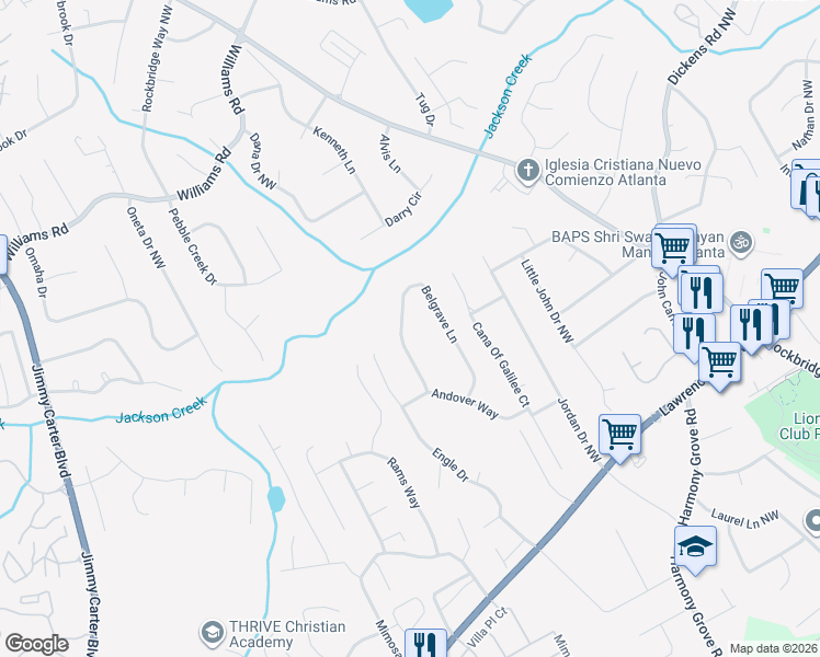 map of restaurants, bars, coffee shops, grocery stores, and more near 640 Belgrave Lane in Tucker