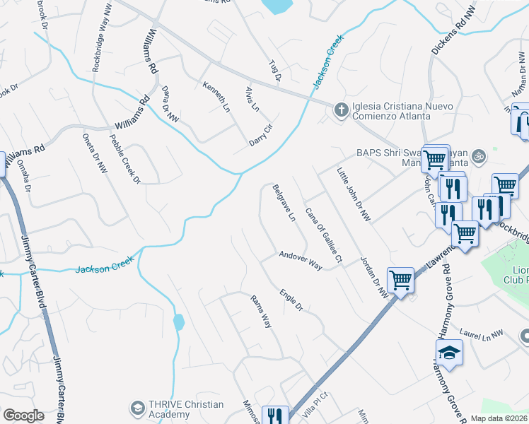 map of restaurants, bars, coffee shops, grocery stores, and more near 640 Belgrave Lane in Tucker