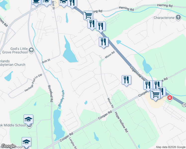 map of restaurants, bars, coffee shops, grocery stores, and more near 522 Starling View Circle in Grayson