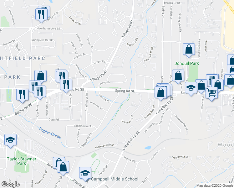 map of restaurants, bars, coffee shops, grocery stores, and more near 2866 Highland Drive Southeast in Smyrna