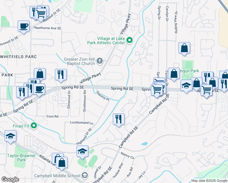 map of restaurants, bars, coffee shops, grocery stores, and more near 2866 Highland Drive Southeast in Smyrna