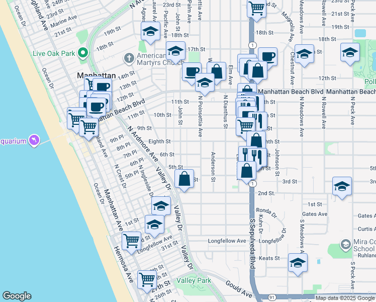 map of restaurants, bars, coffee shops, grocery stores, and more near 853 6th Street in Manhattan Beach
