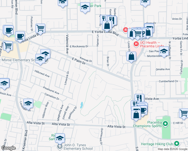map of restaurants, bars, coffee shops, grocery stores, and more near 1299 Holt Drive in Placentia