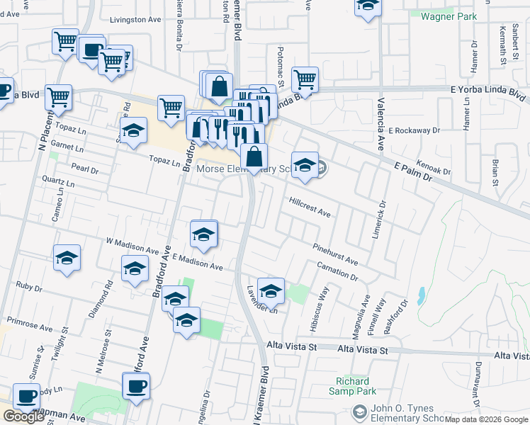 map of restaurants, bars, coffee shops, grocery stores, and more near 1213 North Vecino Lane in Placentia
