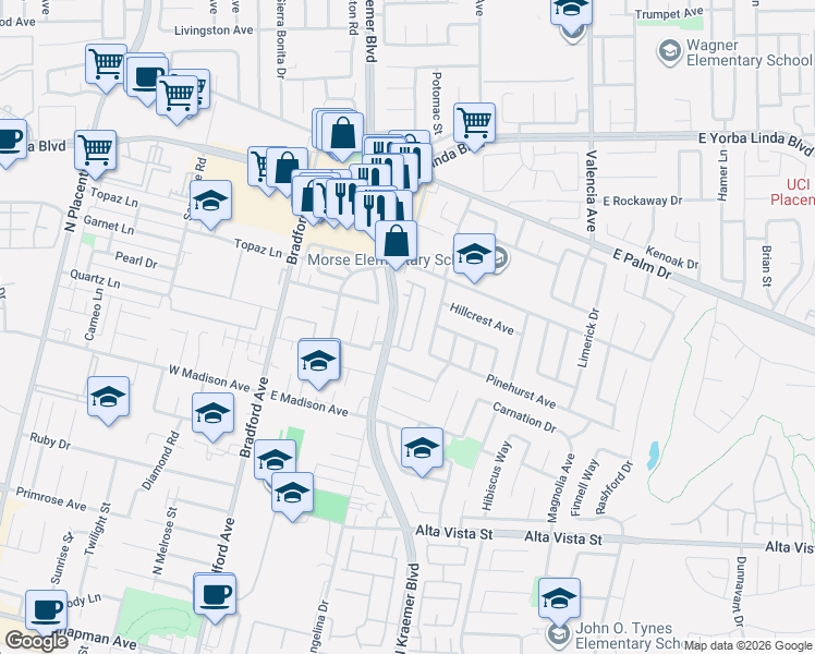 map of restaurants, bars, coffee shops, grocery stores, and more near 1213 North Vecino Lane in Placentia