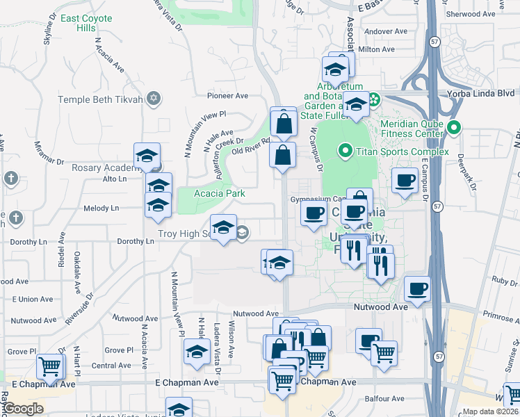 map of restaurants, bars, coffee shops, grocery stores, and more near 2307 Virginia Road in Fullerton