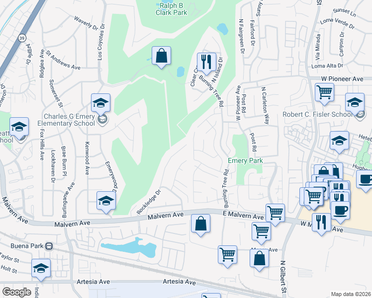 map of restaurants, bars, coffee shops, grocery stores, and more near 5303 Rockledge Drive in Buena Park