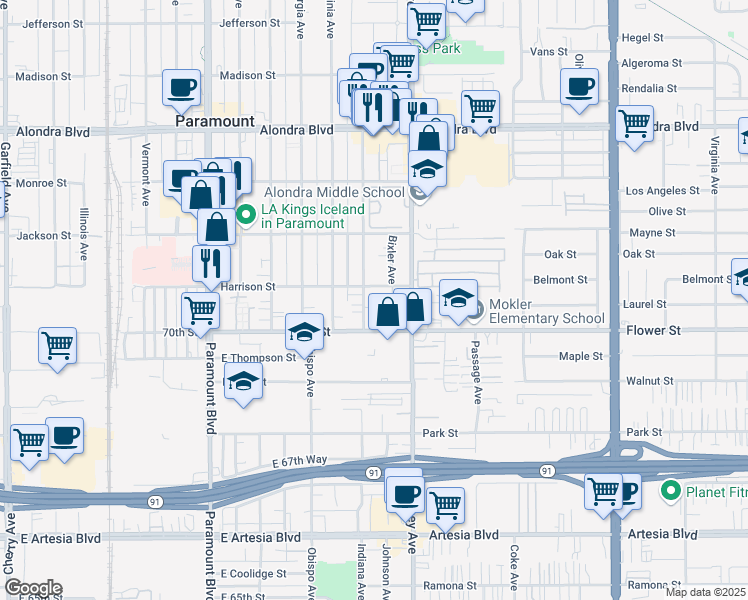 map of restaurants, bars, coffee shops, grocery stores, and more near 16607 Indiana Avenue in Paramount
