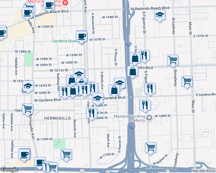 map of restaurants, bars, coffee shops, grocery stores, and more near 16229 South Orchard Avenue in Gardena