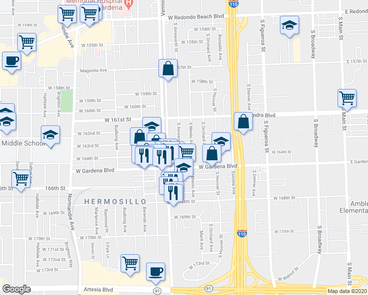 map of restaurants, bars, coffee shops, grocery stores, and more near 16226 South Ainsworth Street in Gardena