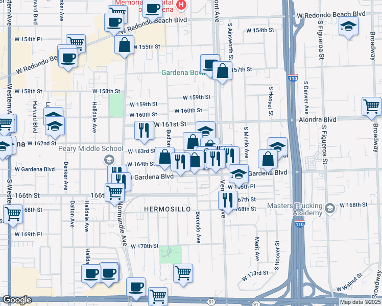 map of restaurants, bars, coffee shops, grocery stores, and more near 1123 West 163rd Street in Gardena