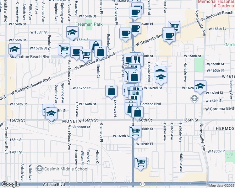 map of restaurants, bars, coffee shops, grocery stores, and more near 1856 West 162nd Street in Gardena
