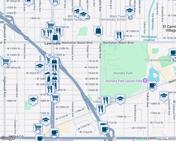 map of restaurants, bars, coffee shops, grocery stores, and more near 4046 162nd Street in Lawndale