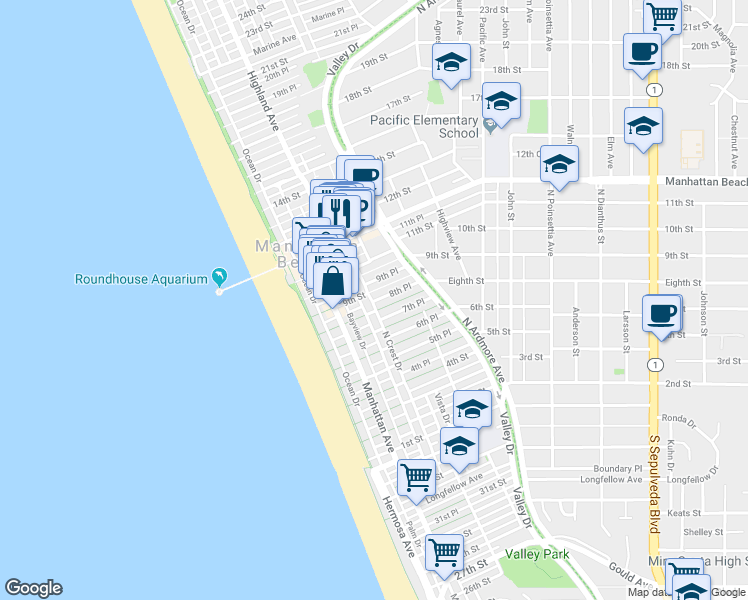 map of restaurants, bars, coffee shops, grocery stores, and more near 313 9th Street in Manhattan Beach