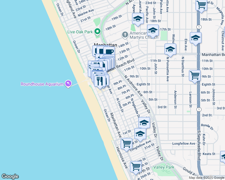 map of restaurants, bars, coffee shops, grocery stores, and more near 313 9th Street in Manhattan Beach