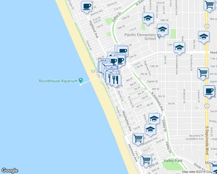 map of restaurants, bars, coffee shops, grocery stores, and more near 912-A Manhattan Avenue in Manhattan Beach