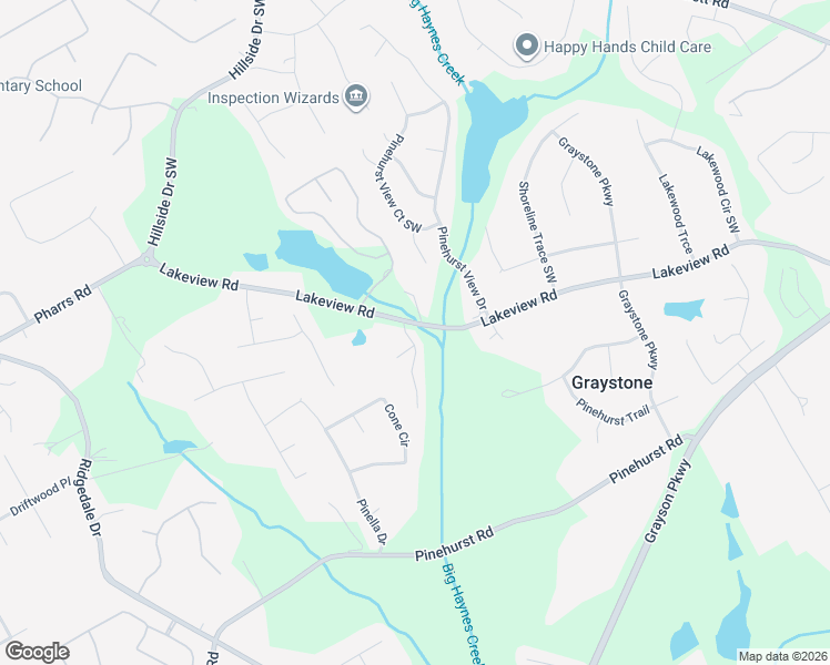 map of restaurants, bars, coffee shops, grocery stores, and more near 1261 Lakeview Road in Grayson