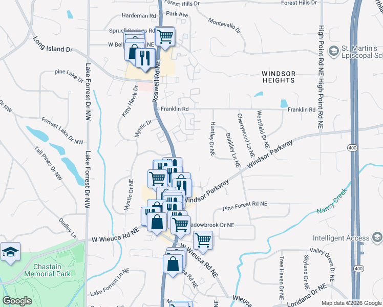 map of restaurants, bars, coffee shops, grocery stores, and more near 4730 Huntley Drive Northeast in Sandy Springs