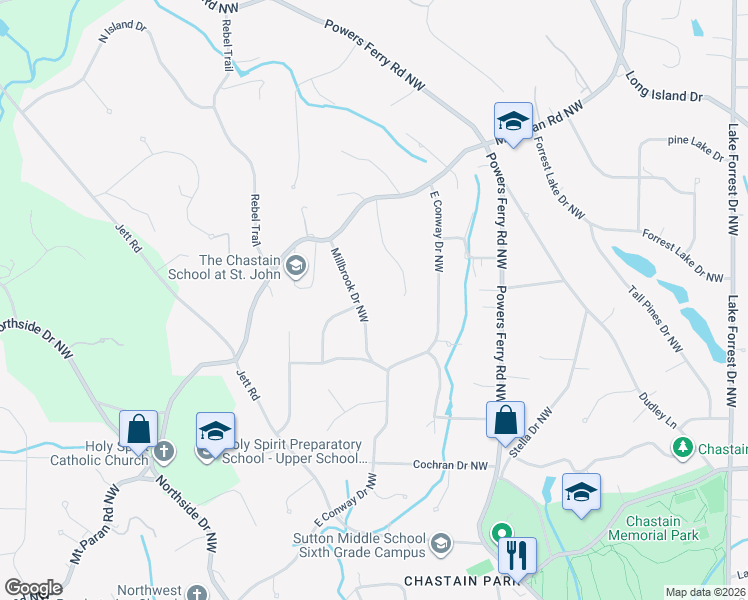 map of restaurants, bars, coffee shops, grocery stores, and more near 4675 Millbrook Drive Northwest in Atlanta