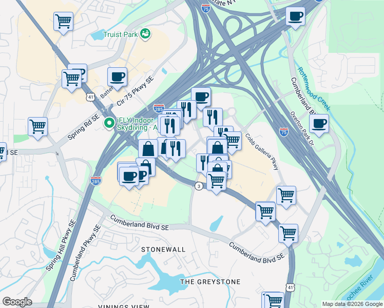 map of restaurants, bars, coffee shops, grocery stores, and more near 1100 Galleria Parkway Southeast in Atlanta