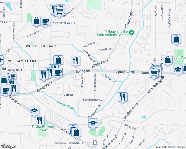map of restaurants, bars, coffee shops, grocery stores, and more near 2860 Strathmoor Road in Smyrna