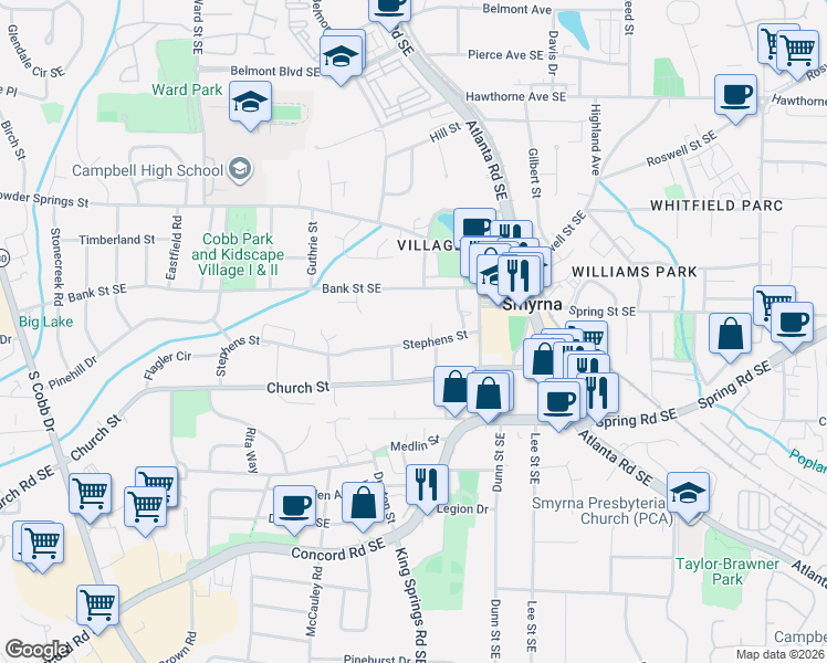 map of restaurants, bars, coffee shops, grocery stores, and more near 1185 Stephens Street in Smyrna