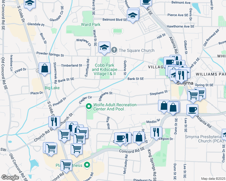 map of restaurants, bars, coffee shops, grocery stores, and more near 605 Madison Lane South East in Smyrna