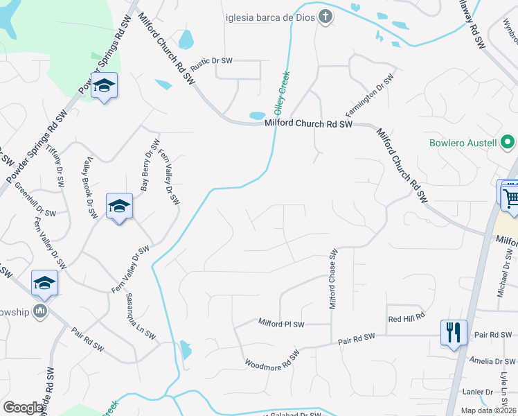 map of restaurants, bars, coffee shops, grocery stores, and more near 2920 Milford Courts Southwest in Marietta