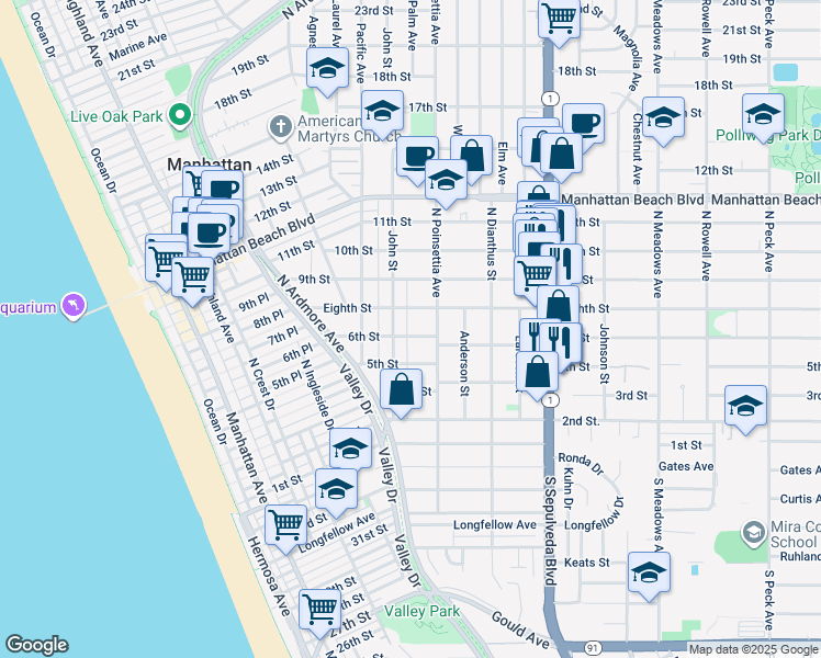 map of restaurants, bars, coffee shops, grocery stores, and more near 853 6th Street in Manhattan Beach
