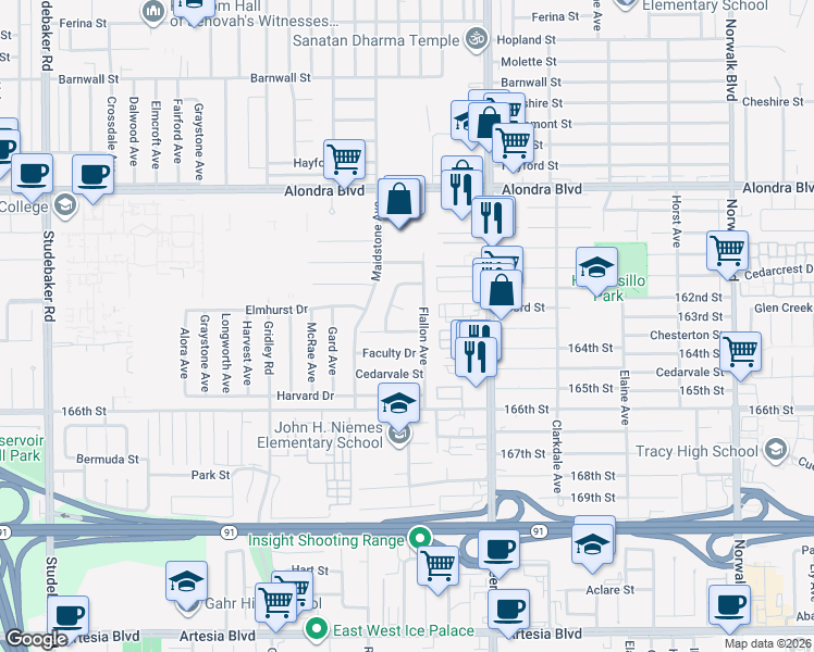 map of restaurants, bars, coffee shops, grocery stores, and more near 11661 Chesterton Street in Norwalk