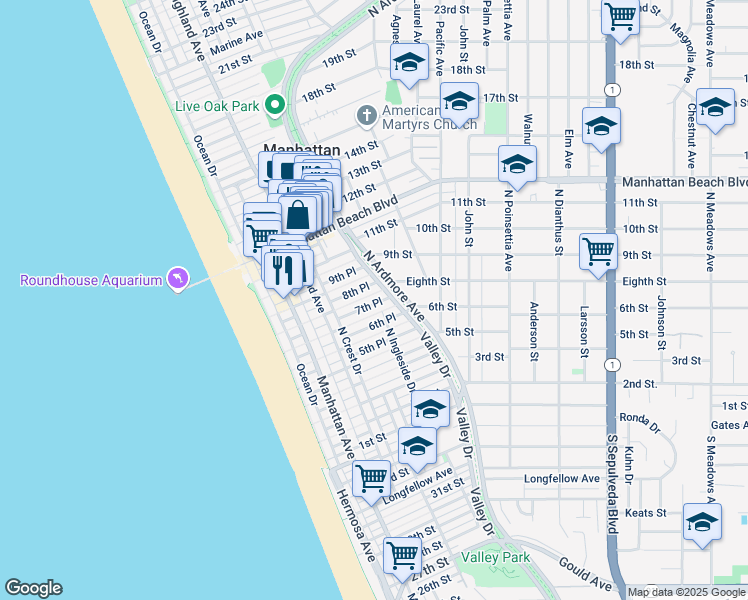 map of restaurants, bars, coffee shops, grocery stores, and more near 440 Eighth Street in Manhattan Beach