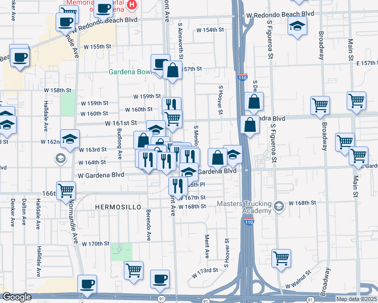 map of restaurants, bars, coffee shops, grocery stores, and more near 16310 South Ainsworth Street in Gardena