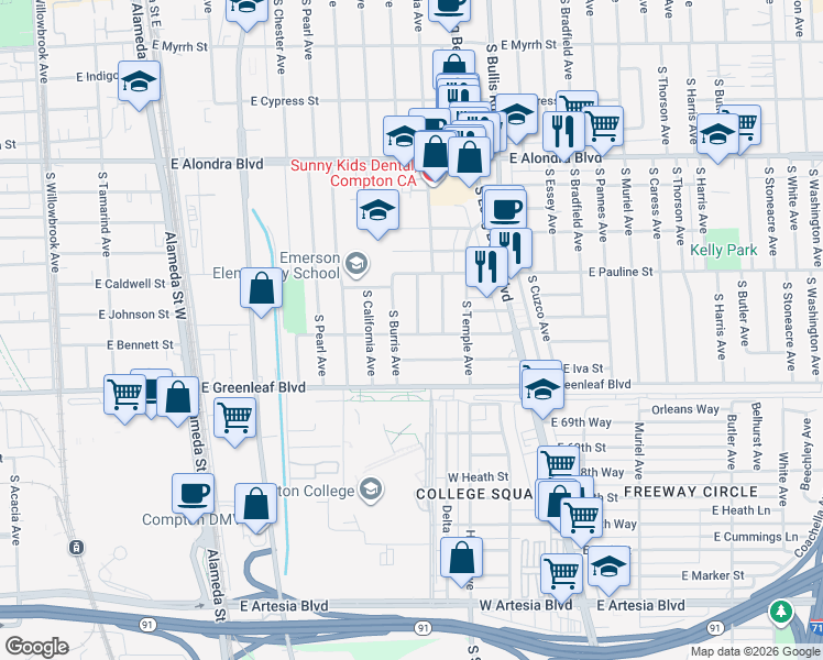 map of restaurants, bars, coffee shops, grocery stores, and more near 1423 South Sloan Avenue in Compton