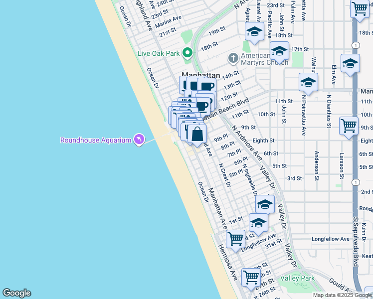 map of restaurants, bars, coffee shops, grocery stores, and more near 116 10th Street in Manhattan Beach