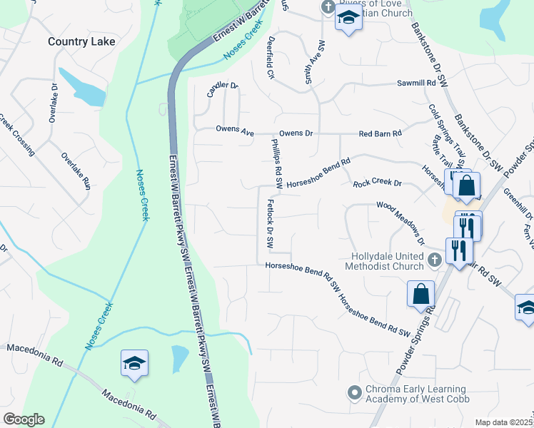 map of restaurants, bars, coffee shops, grocery stores, and more near 2994 Fetlock Drive Southwest in Marietta
