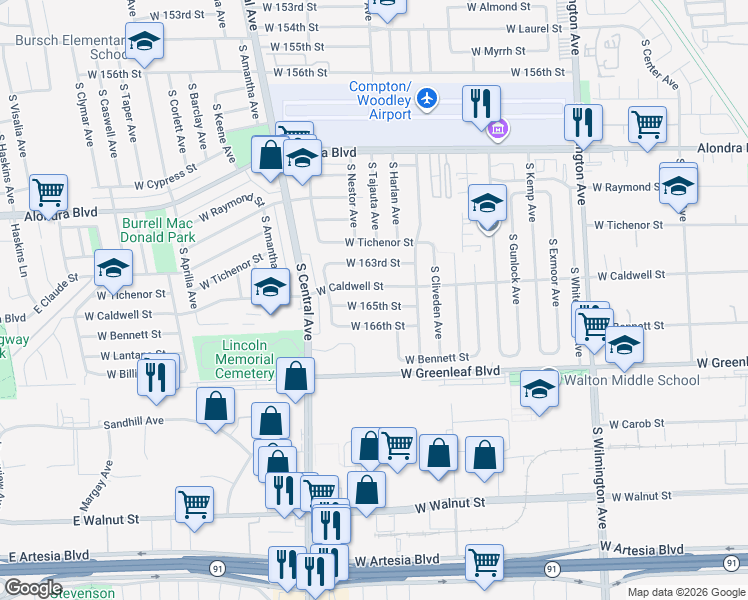 map of restaurants, bars, coffee shops, grocery stores, and more near 1620 West Caldwell Street in Compton