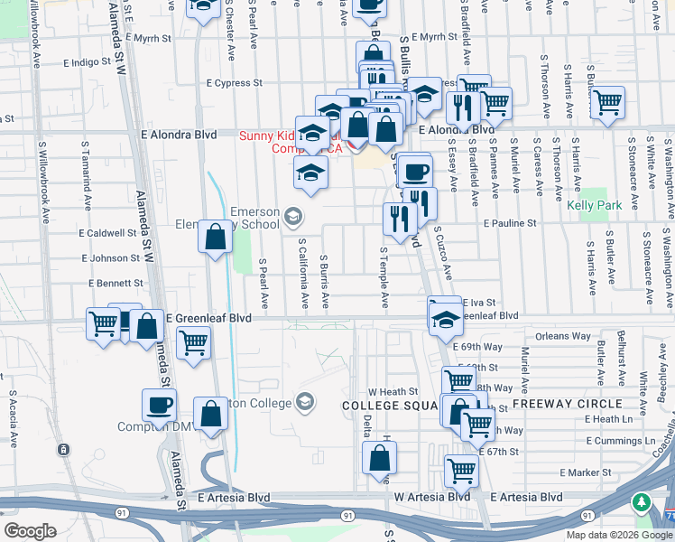 map of restaurants, bars, coffee shops, grocery stores, and more near 1423 South Sloan Avenue in Compton