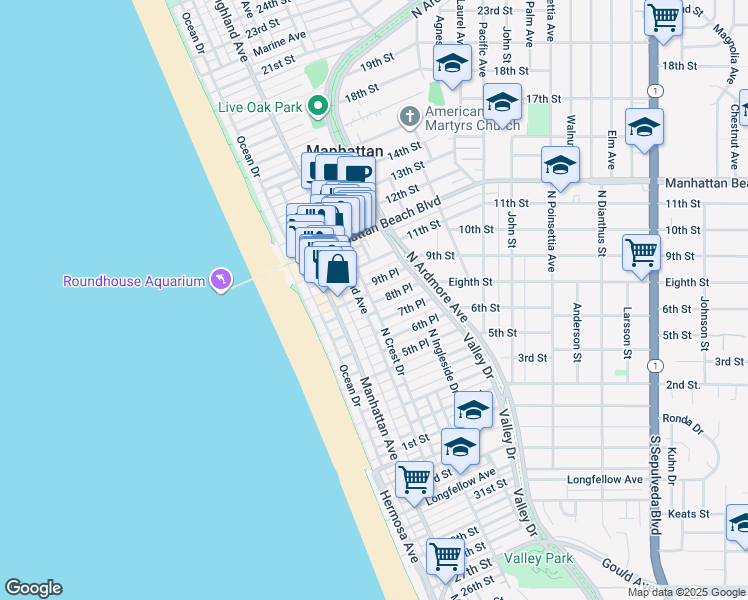 map of restaurants, bars, coffee shops, grocery stores, and more near 317 8th Place in Manhattan Beach